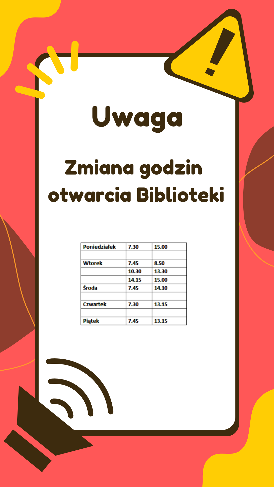 Uwaga! Nowe godziny pracy biblioteki